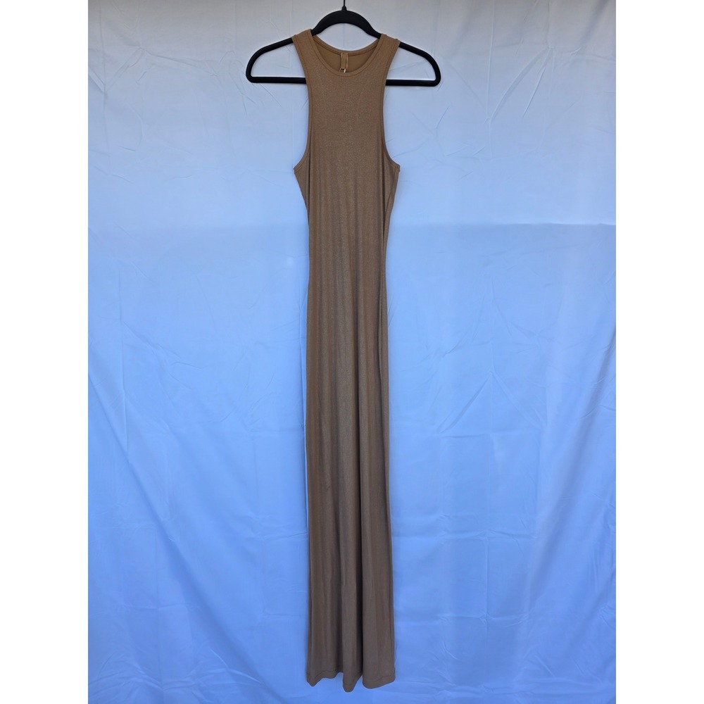 Skims Soft Lounge Shimmer Long Dress Camel Gold Metallic Ribbed Racerback S NWT